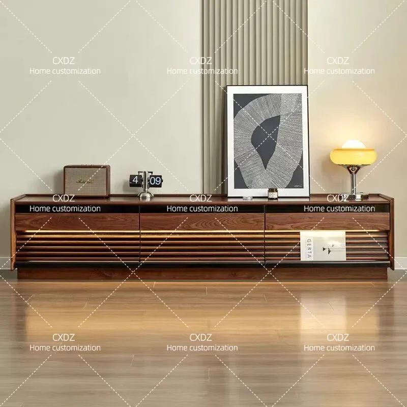 Black Walnut TV Cabinet Solid Wood Floor Standing Audio Visual Console for Living Room Bedroom Small Apartment Modern