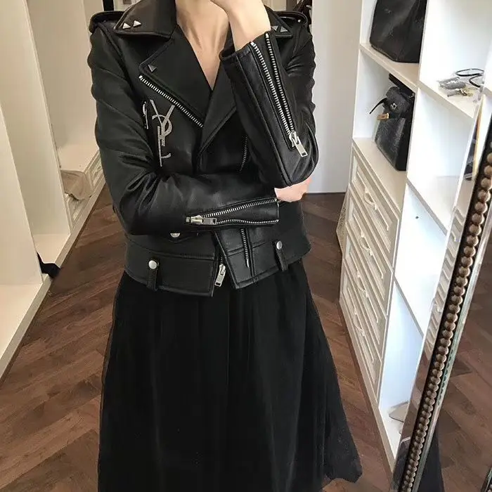 봄 가을 신상 여성용 천연 양가죽 자켓 슬림핏 오토바이 자켓 스트리트 스타일 트렌디 아우터웨어