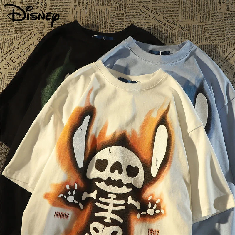 Disney New Cartoon Skeleton Stitch Hiphop T-shirt Ins Loose Y 2k Vintage Streetwear Cotton Black White Short Sleeve Top Punk Tee