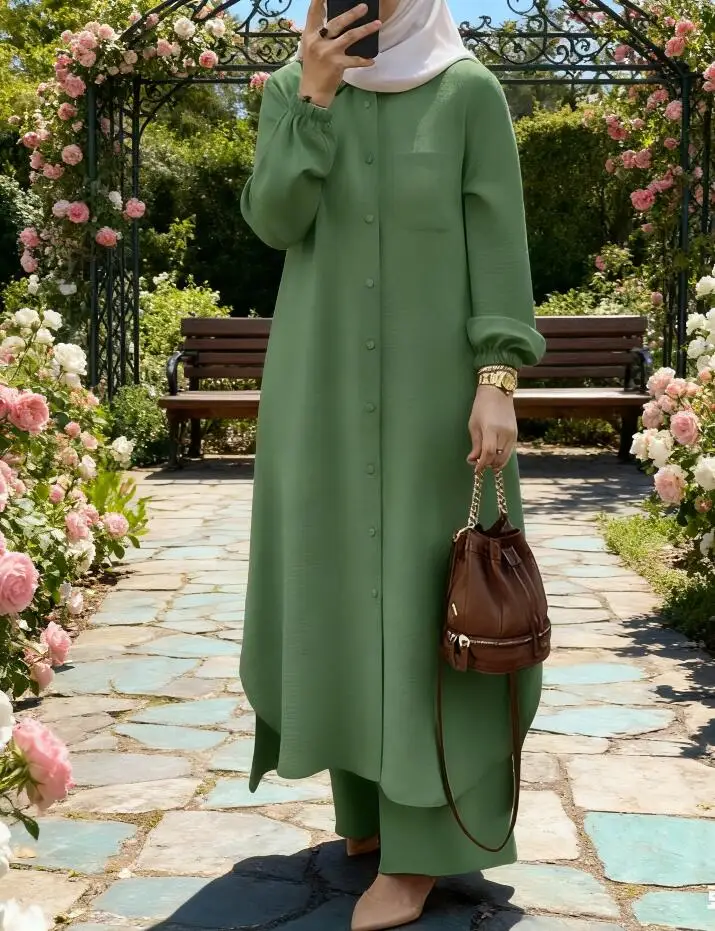 

Повседневное мусульманское платье для женщин, блузка, комплект из 2 предметов, рубашка с длинным рукавом, брючные костюмы, Саудовская Аравия, Дубай, платья на пуговицах, осень 2026