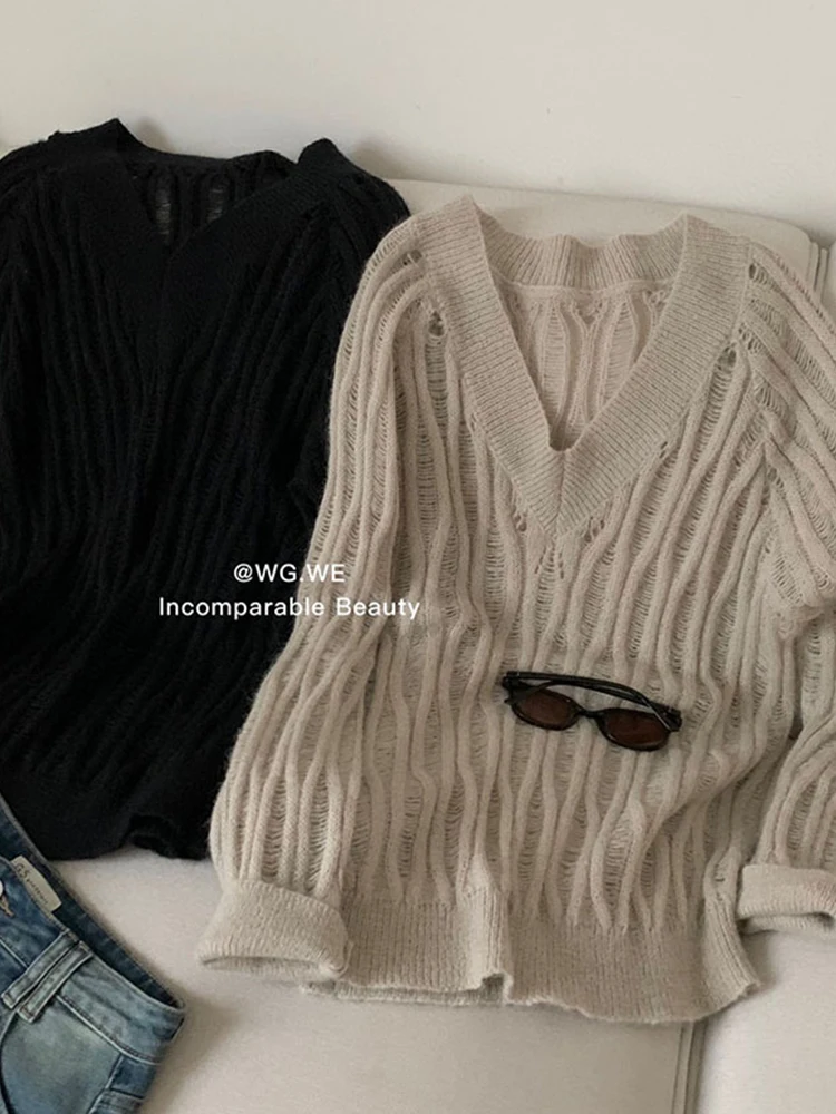 Autumn Winter Women Baddie Style Pullovers Sweater Long Sleeve V-neck Knitwear Vintage 2000s Aesthetic Korean Old Money Thick