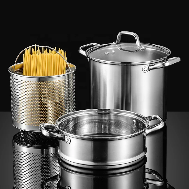 

Stainless Steel Pasta Noodle Spaghetti Stock Steamer Pot Perforated Basket Cookware Sets Soup&stock Pots With Strainer Insert
