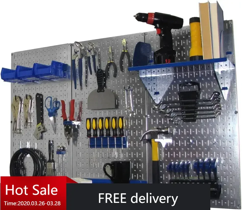 Wall Control Pegboard Organizer 4 ft. Metal Pegboard Standard Tool Storage Kit with Galvanized Toolboard and Blue Accessories