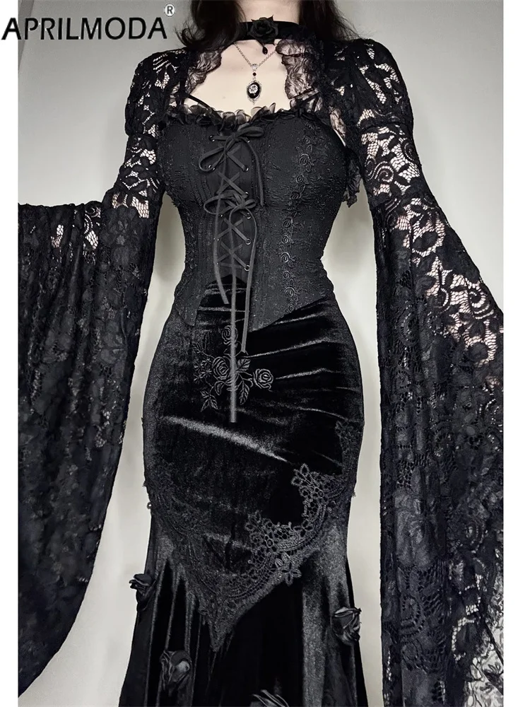 

Gothic Sexy Black Cropped Lace Cover Ups Shrug Women Mesh See Through Flare Sleeve Harajuku Punk Style Steampunk Short Cardigan