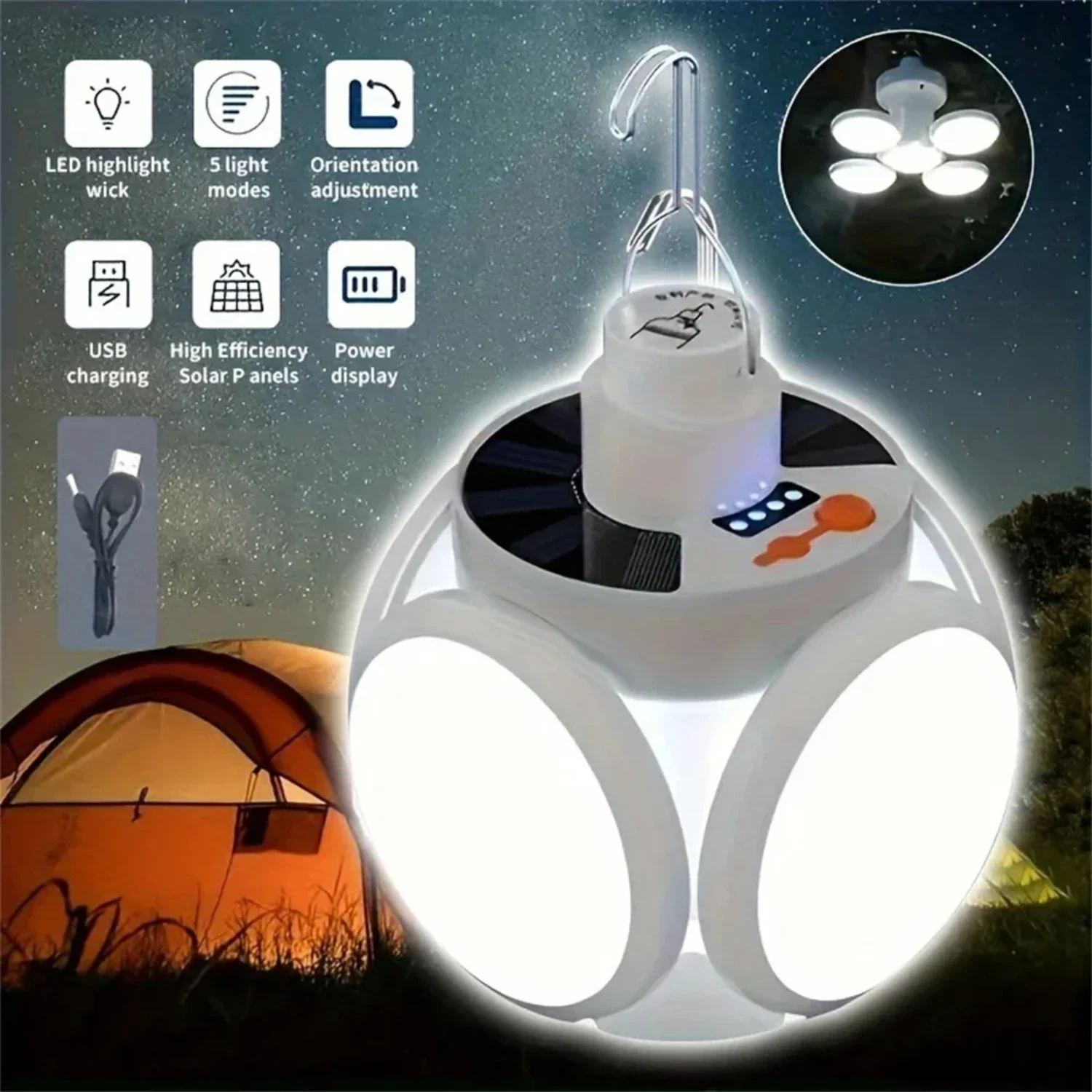 Solar Outdoor Folding Light Portable USB Rechargeable  Bulb Search Lights Camping Torch Emergency Lamp  Power Outages