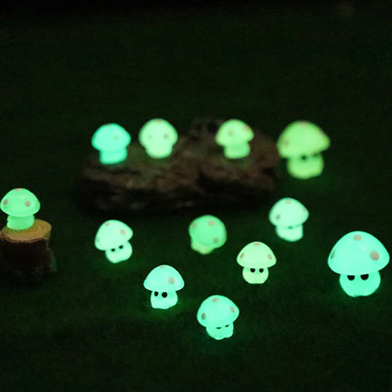 10Pcs Colorful Glowing Tiny Mushrooms Mini Figurines Miniature Mushroom Statue Decor For Glowing In the dark Ornament