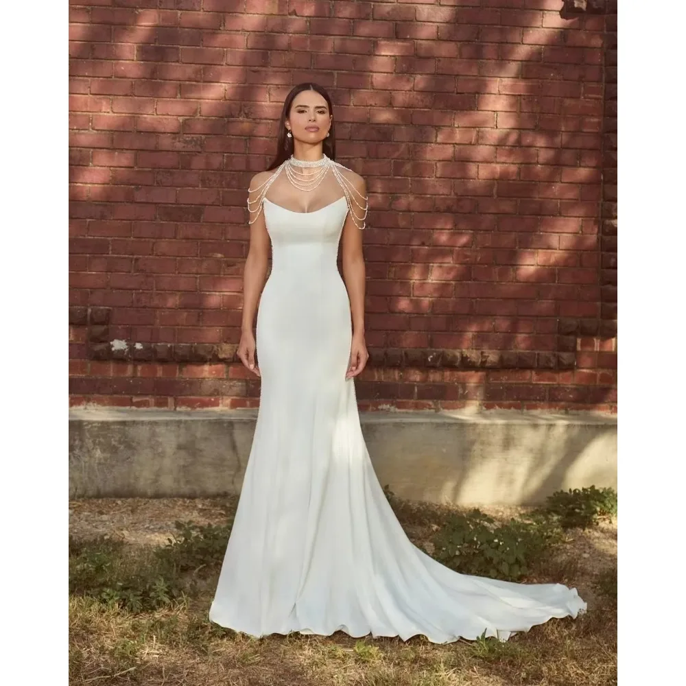 Customized Crepe Wedding Dresses For Bride Scoop Mermaid Pleat High Quality Elegant White Bridal Cheap for Floor-Length Simple