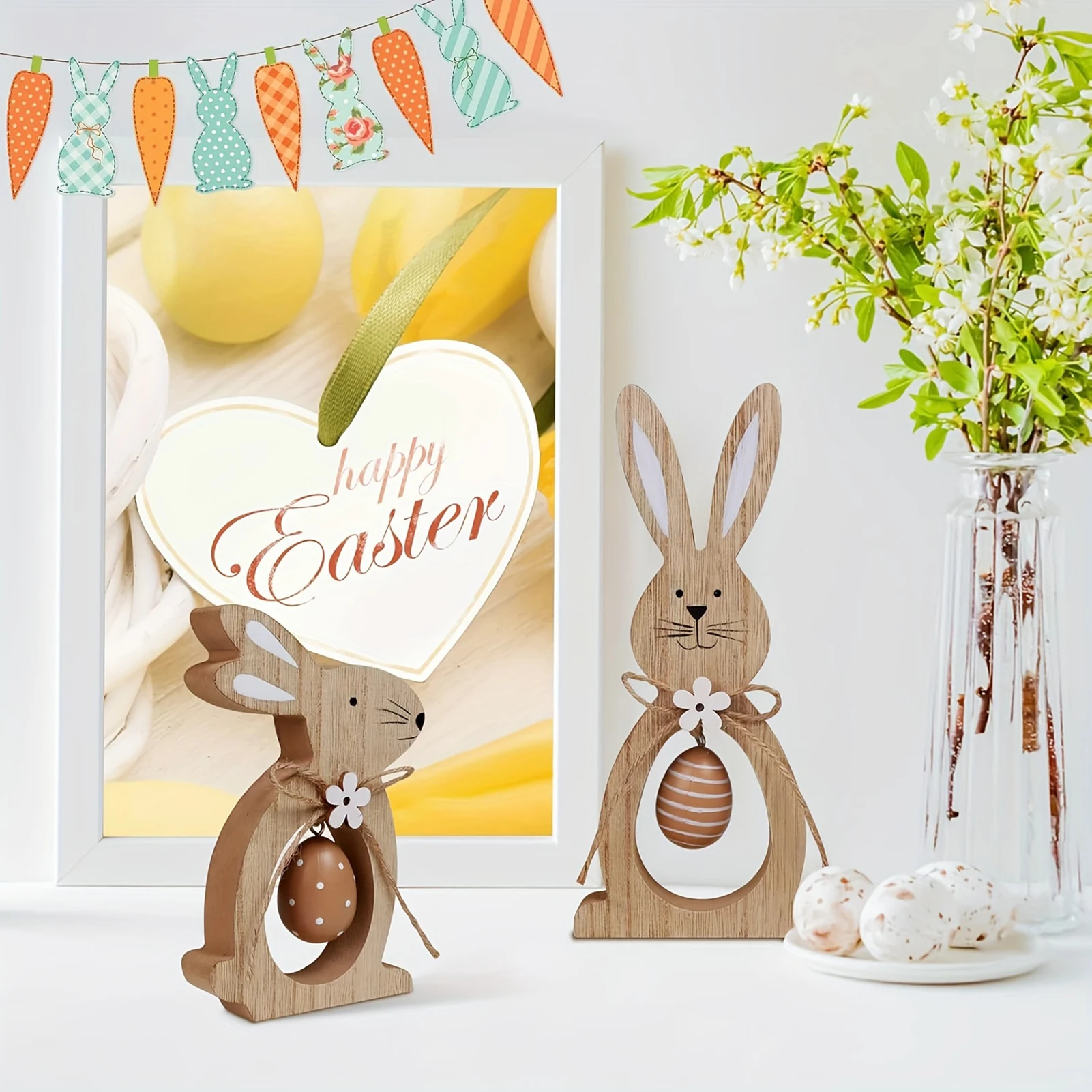 

Wooden Bunny Easter Tabletop Decor Farmhouse Rustic Wooden Bunny Ornaments with Egg for Easter Table Decorations
