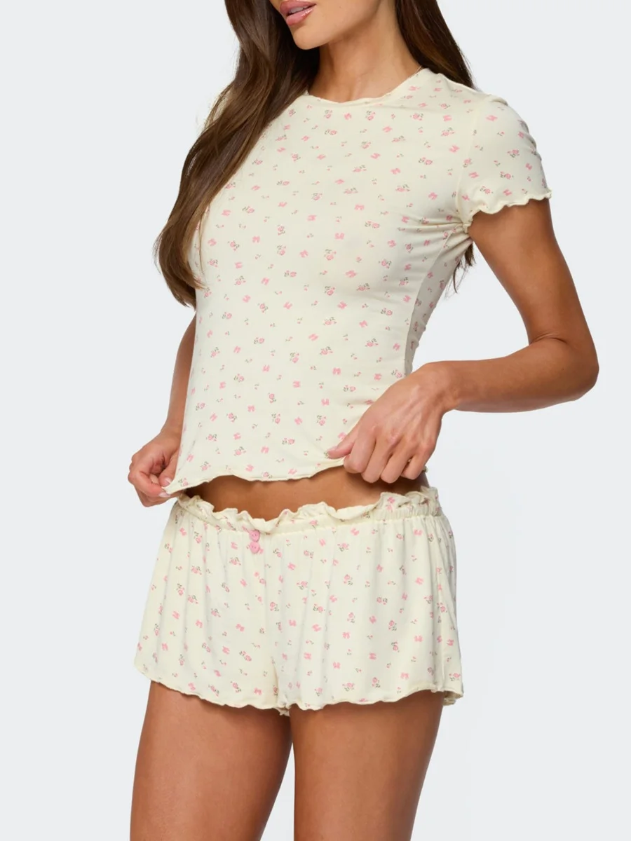

Y2k Loungewear Floral Print 2 Pcs Matching Sets Ruffles Hem Slim Crop Top Shorts Outfits Summer Women Pajama Sleepwear