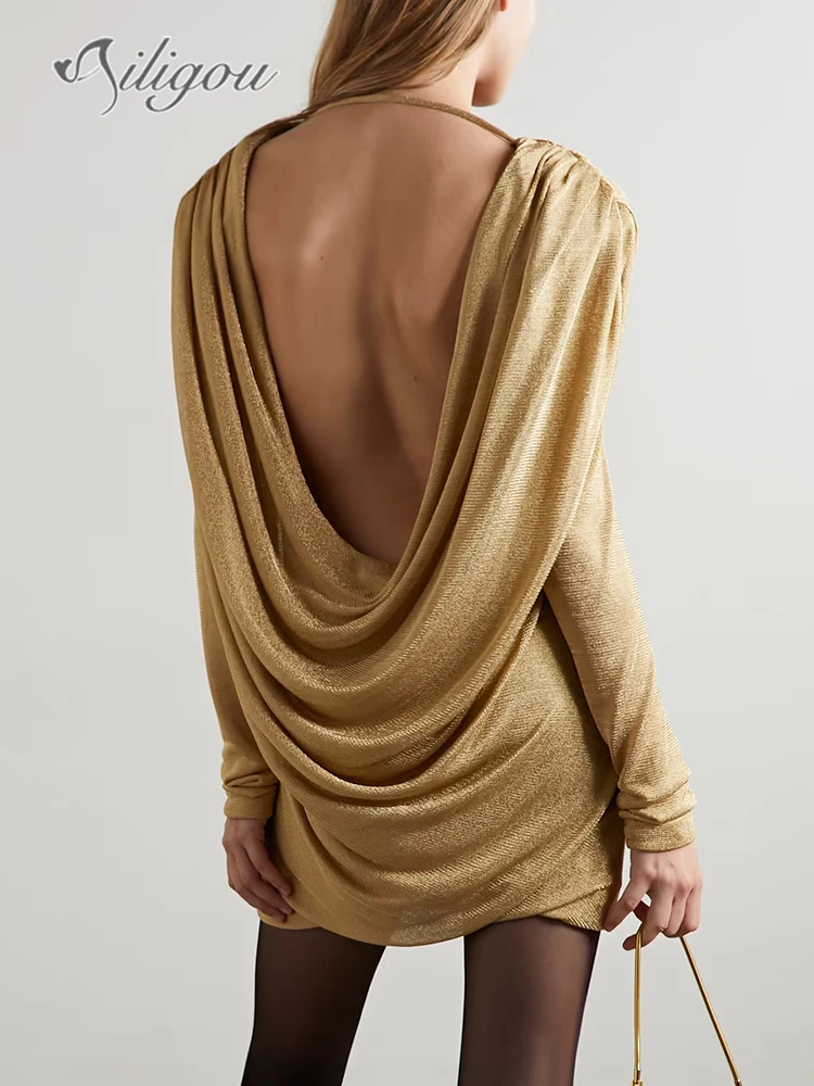 

Ailigou 2023 New Autumn Women's Sexy Long Sleeve Open Back Pleated Elastic Fabric Mini Dress Elegant Celebrity Party Dress