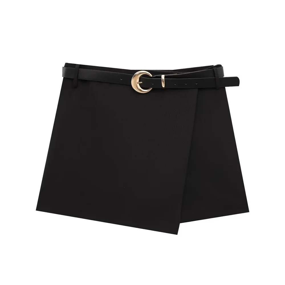 

PB&ZA 2025 Trendy Stylish Black Asymmetric Skirt Women's Black Mini Skirt with Asymmetric Design and Belt