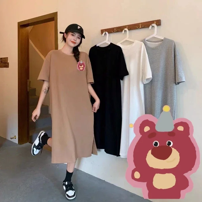 Miniso Strawberry Bear T-shirt Skirt Cartoon Lotso 40-90kg Loose Leisure Style Lone Brown Colours Shortsleeved Soft Uniquedress