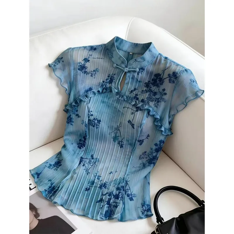 Unique Beautiful Traditional Chinese Style Cheongsam Top New Chinese-style Spring Fashion One-button Printed Short-sleeved Shirt