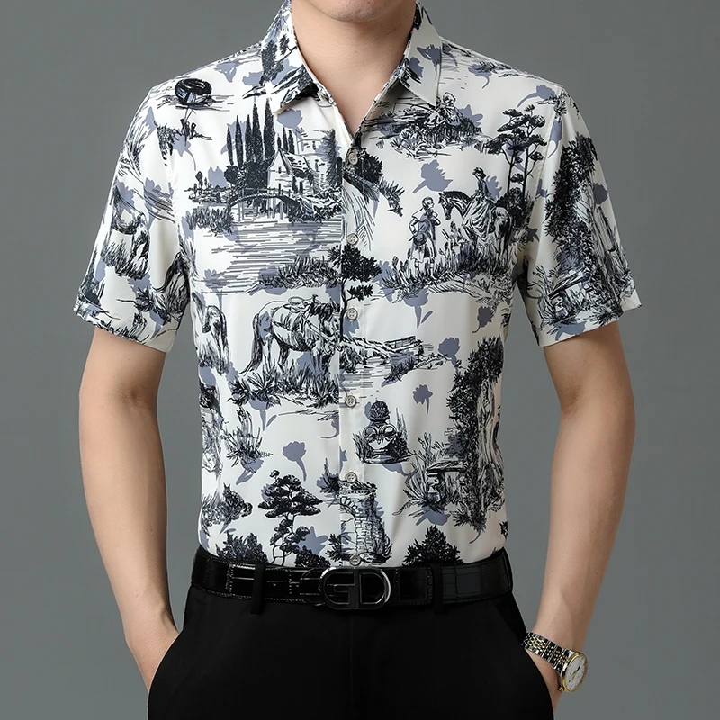 

2023 Summer New Fashion Printing Silk Shirts Men's Silky Smooth Clothes Tops Short Sleeve Male Flowers Print Silk Social Shirt