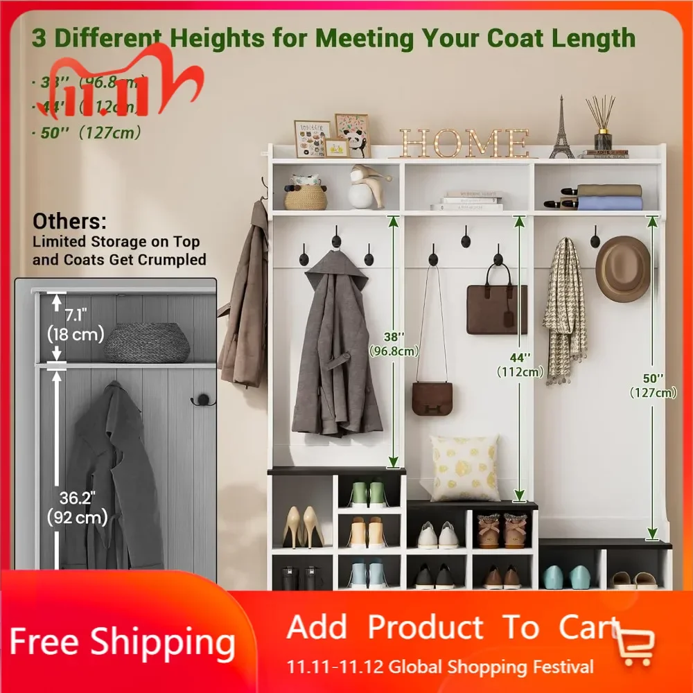 

Прихожая тумба-шкаф 77 дюймов с местом для обуви и вешалкой для одежды, скамья для прихожей в стиле фермерского дома, 16 секций для обуви и 10 крючков для одежды, 15,8 дюймов (глубина) x 59 дюймов (ширина) x 77 дюймов (высота)