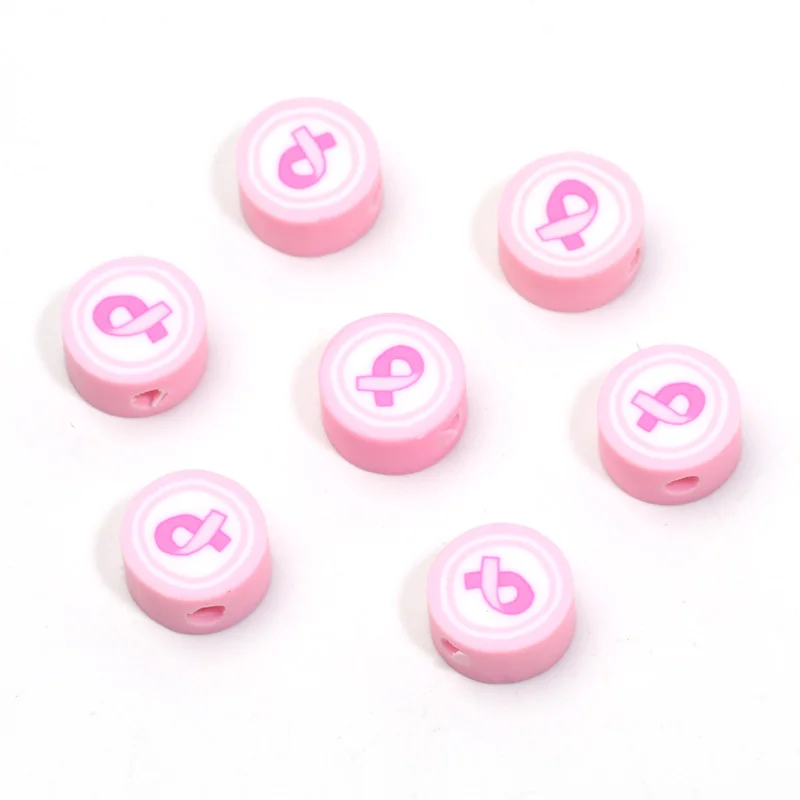 20/50pcs 9mm Pink Ribbon Pattern Polymer Clay Beads Spacer Beads for Jewelry Making DIY Handmade Bracelet Necklace Accessories