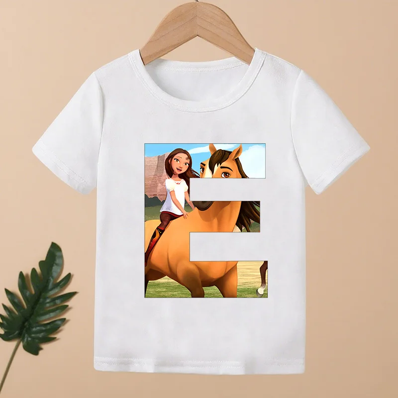 Lucky & Mustang Spirit Horse 26 Alphabet A B C D E Print Kids Funny T shirt Long Sleeve Baby Boys Girls Clothes Children T-Shirt
