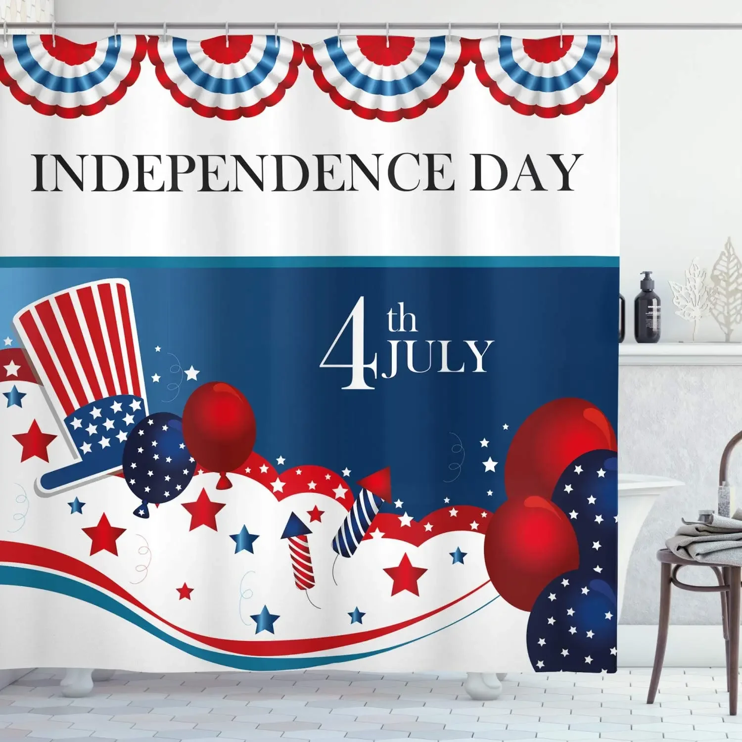 

Занавеска для душа 4 июля в мультяшном стиле, фейерверк, шляпа дяди Сэма, звезды и воздушные шары, патриотическая иллюстрация, набор декора для ванной комнаты