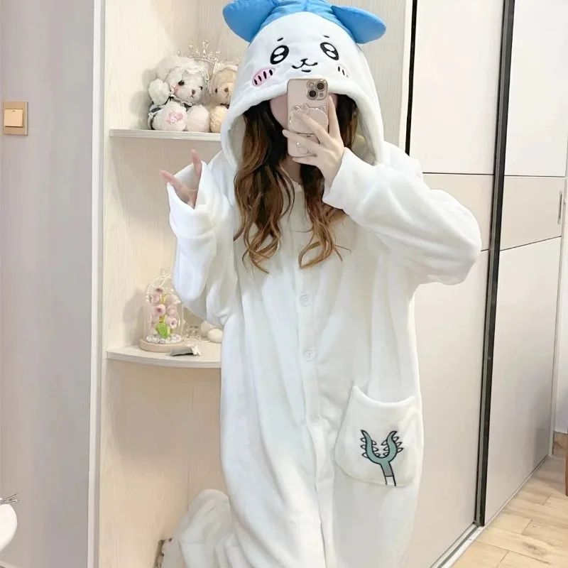 New Chiikawas Flannel Wearable Pajamas Winter Women's Plus Velvet Thickened Cartoon Hachiwares One-piece Pajamas Home Clothes