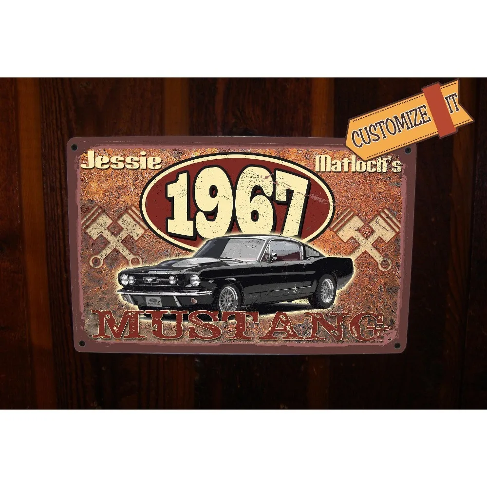 Personalized Vintage Mustang Car Metal Wall Plaque, Custom Name Distressed Sign for Garage Workshop Home Decor (Decor Only)