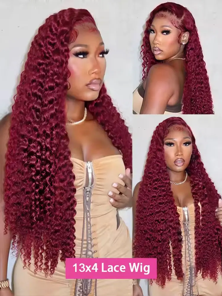 250% 13x4 HD Transparent Deep Wave Frontal Wig Colored 99j Burgundy Deep Curly Lace Front Human Hair Wigs For Women Preplucked image 4