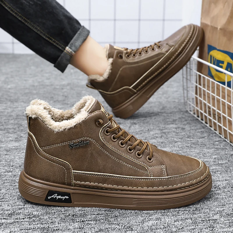 

Winter Men's Boots with Fur High Quanlity Men Cotton Boots Fashion Men Casual Shoes Leather Man Work Boots Plus Warm Ankle Boots