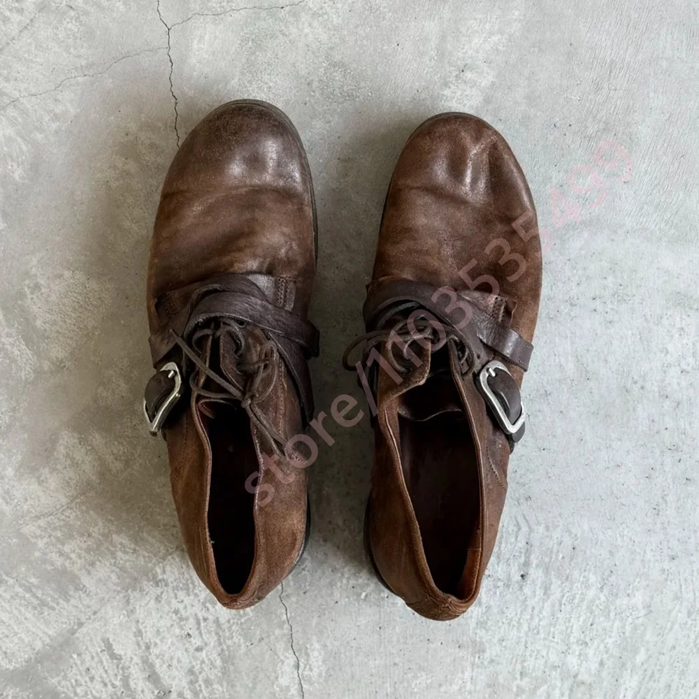 2026 Retro Distressed Brown Leather Oxford Shoes Men Metal Buckle Lace Up Low Heel Retro Casual Handmade Daily Dress Footwear view 3