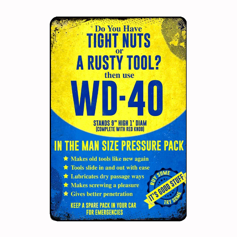 Vintage Retro WD40 Spray Garage Tools Metal Sign Mural Painting Customize Kitchen Tin Sign Posters Room Wall Decoration