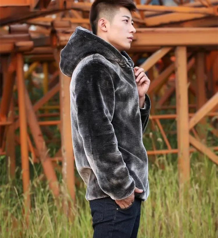 Fashion Winter Mens Faux Fur Mink Fur Coat Short Gray Hooded Coat Warm Overcoat Men Fluffy Plush Coat Male Plus Size Xxxl 4xl