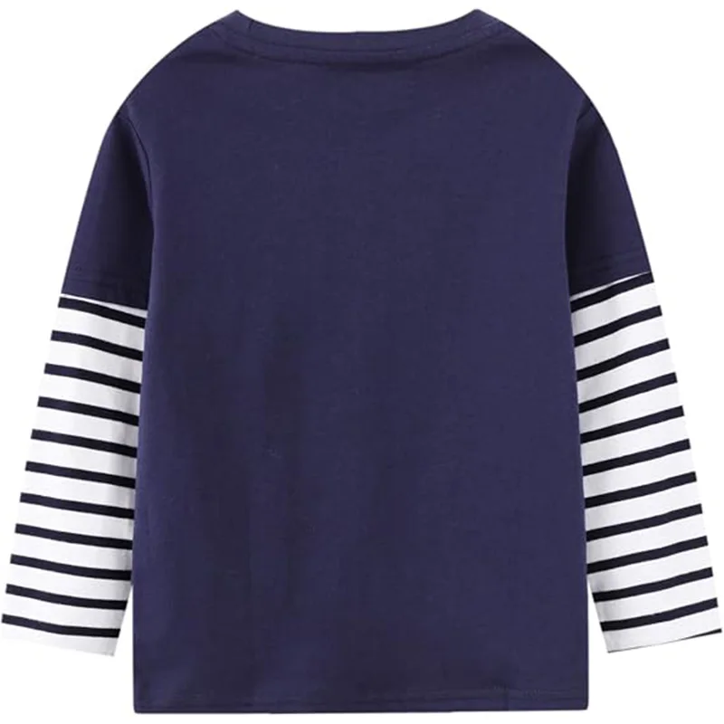 Little Hand Boys Embroidered Graphic Excavator Print Long Sleeve T Shirt Kids Striped Sleeve Tee for 2-7Y