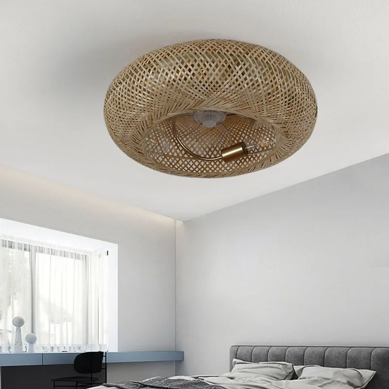 Modern Led Ceiling Fans With Light Bamboo Rattan Hand-Woven Retro Ceiling Lamp With Fans Remote Control 110V 220V Ventilator