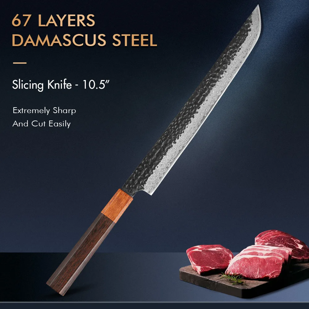 TURWHO 10.5 Inch SIicing Knife Japanese Hand Forged 67 Layers Damascus Steel Chef's Knives Professional Kitchen Accessories