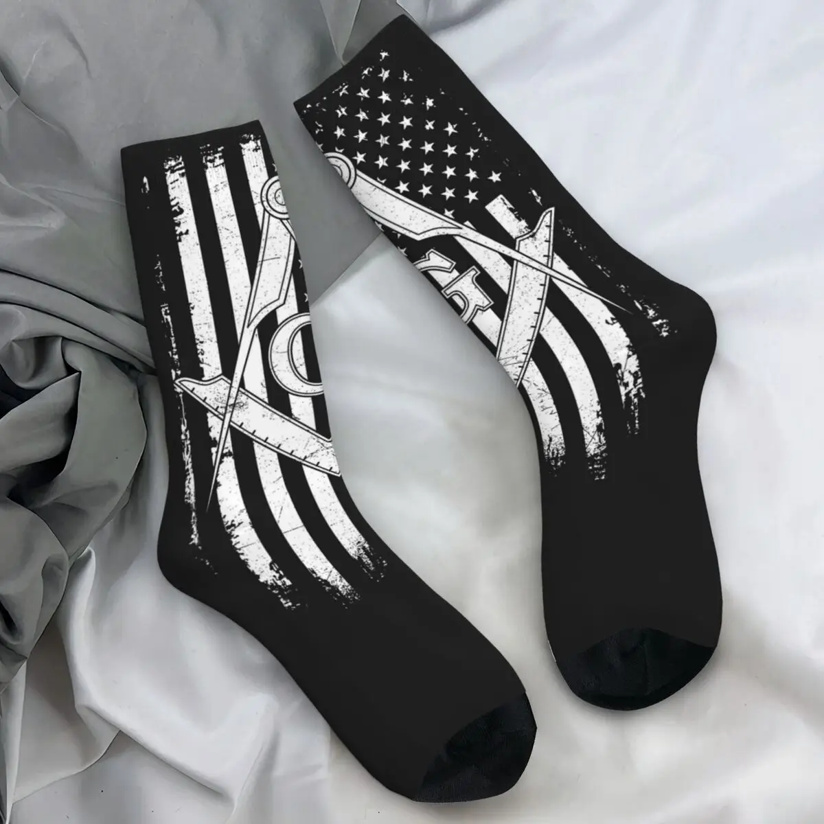 Masonic American Flag Square And Compass Stockings Freemason Funny Socks Winter Anti Skid Socks Adults Men Outdoor Sports Socks