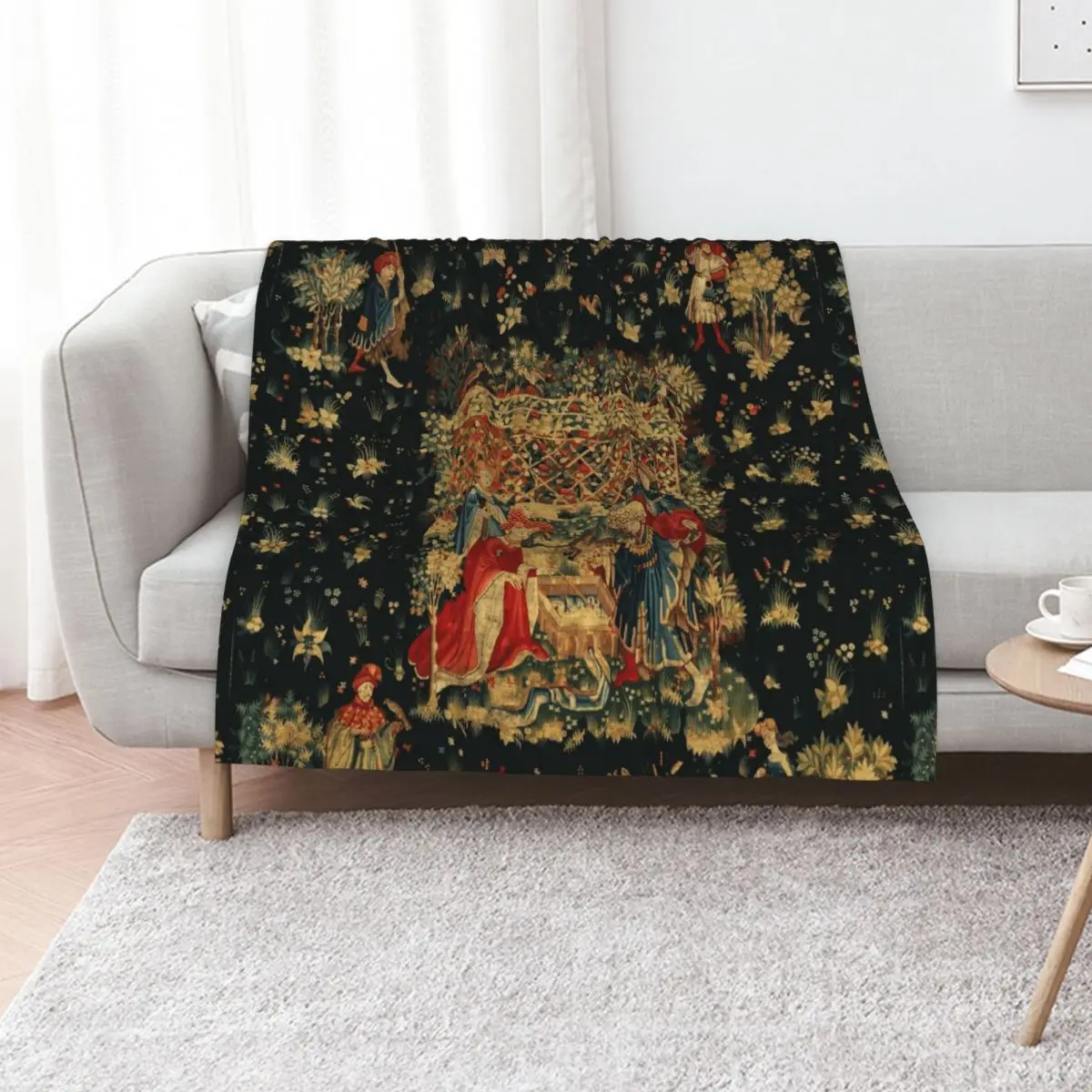 FALCONS BATH Red Blue Antique Medieval Tapestry,Court Figures,Birds, Flowers ,Rose Trellis Throw Blanket Tourist Blankets