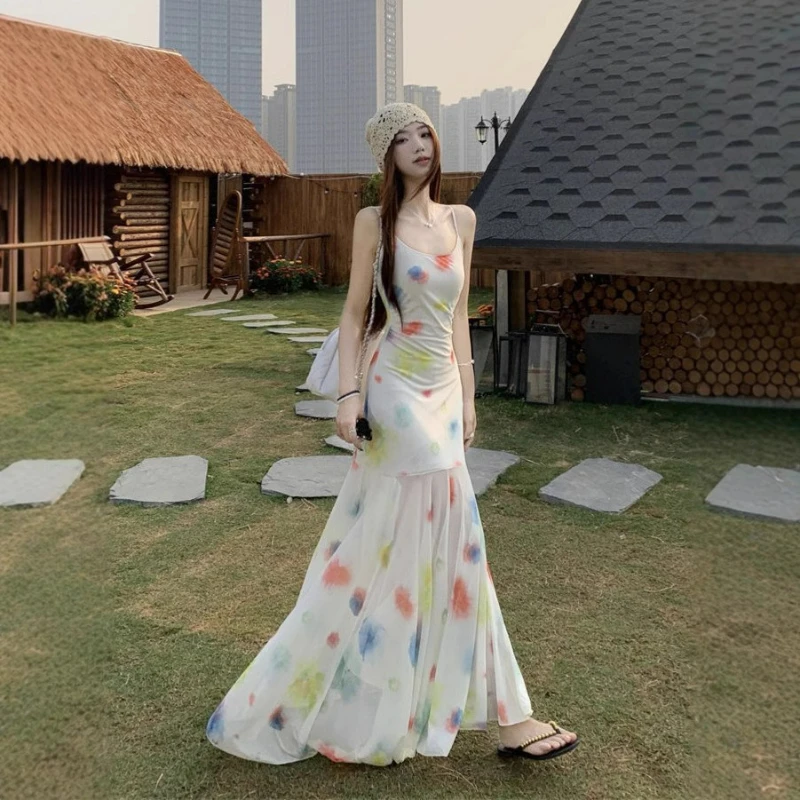 

Holiday Style Dopamine Wear Watercolor Suspender Dress Women's Summer New Irregular Design Fishtail Dress Temperament Comfort