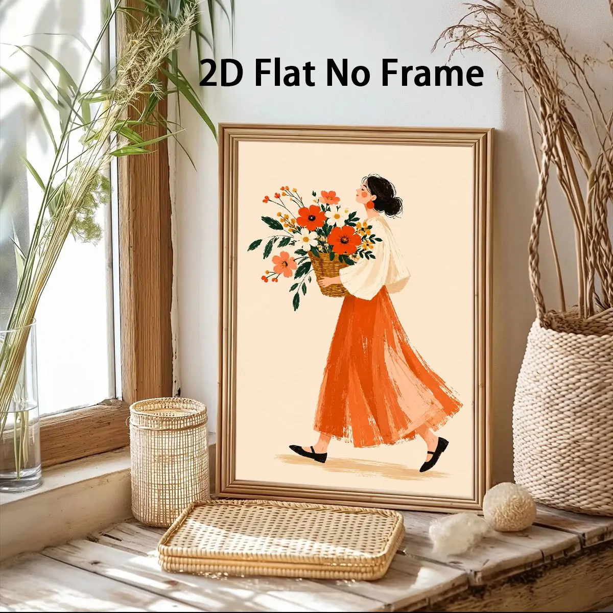 Minimalist Woman With Flower Basket Canvas Poster Wall Art,2D Print Wall Decor,Home Decor Gift