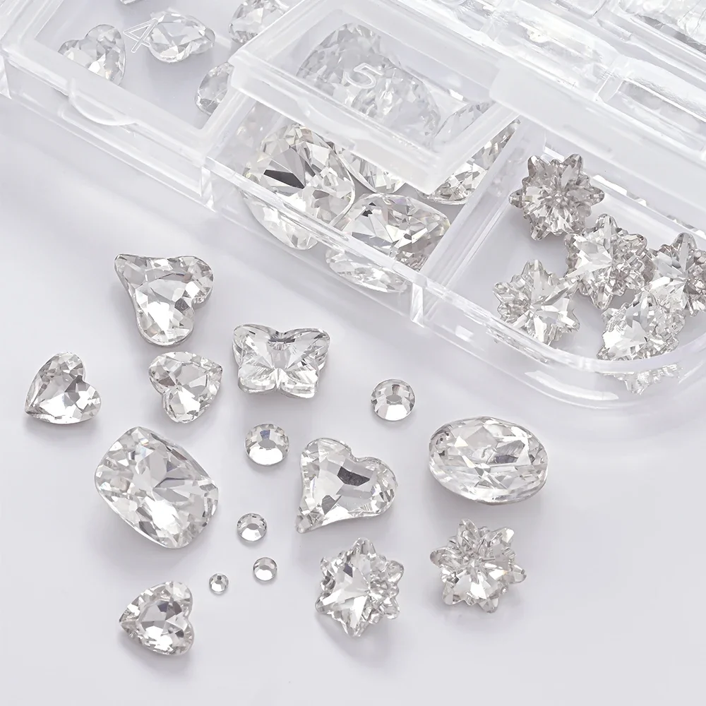 1 caja de diamantes de imitación 3D transparentes para decoración de uñas, 12 formas ovaladas mixtas, mariposa, corazón, flor, dijes redondos de diamantes para uñas, decoración artística de uñas DIY