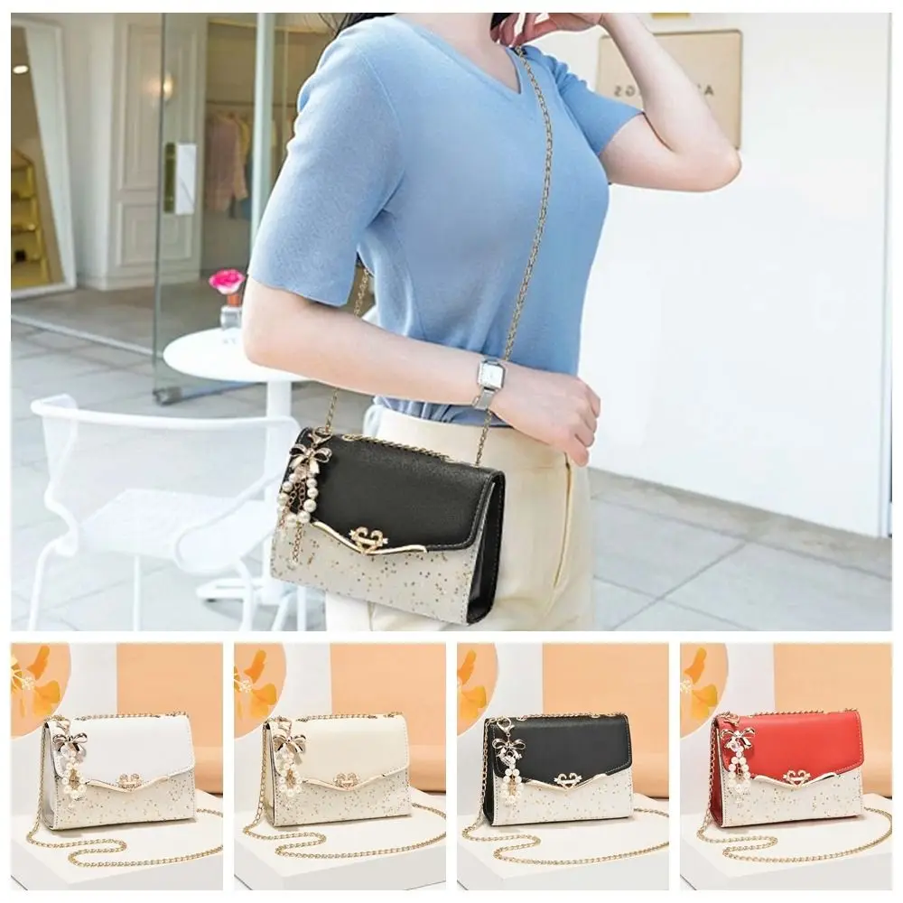 

Elegant PU Chain Bag Color Block Beads Bow Keychain Korean Square Bag Large Capacity Y2K Pendant Flip Up Shoulder Bag Party