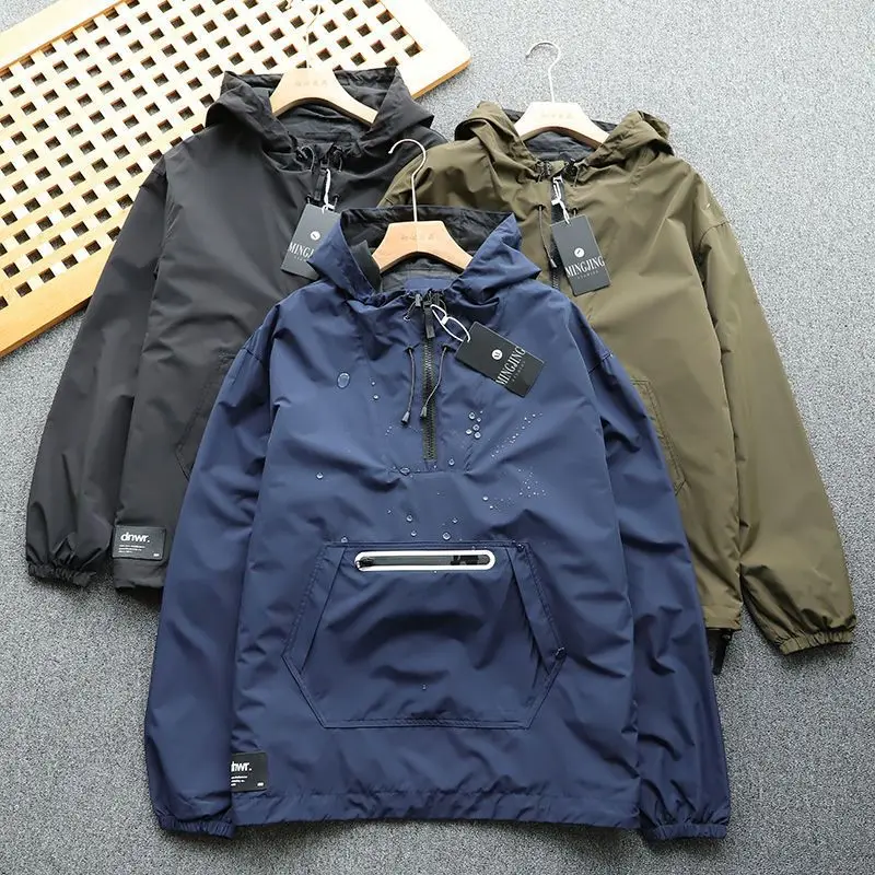 Jaqueta Masculina Casual Corta-Vento Impermeável Estilo Aviador com Meio Zíper, Moletom com Capuz Solto, Suéter de Assalto, Agasalho Masculino