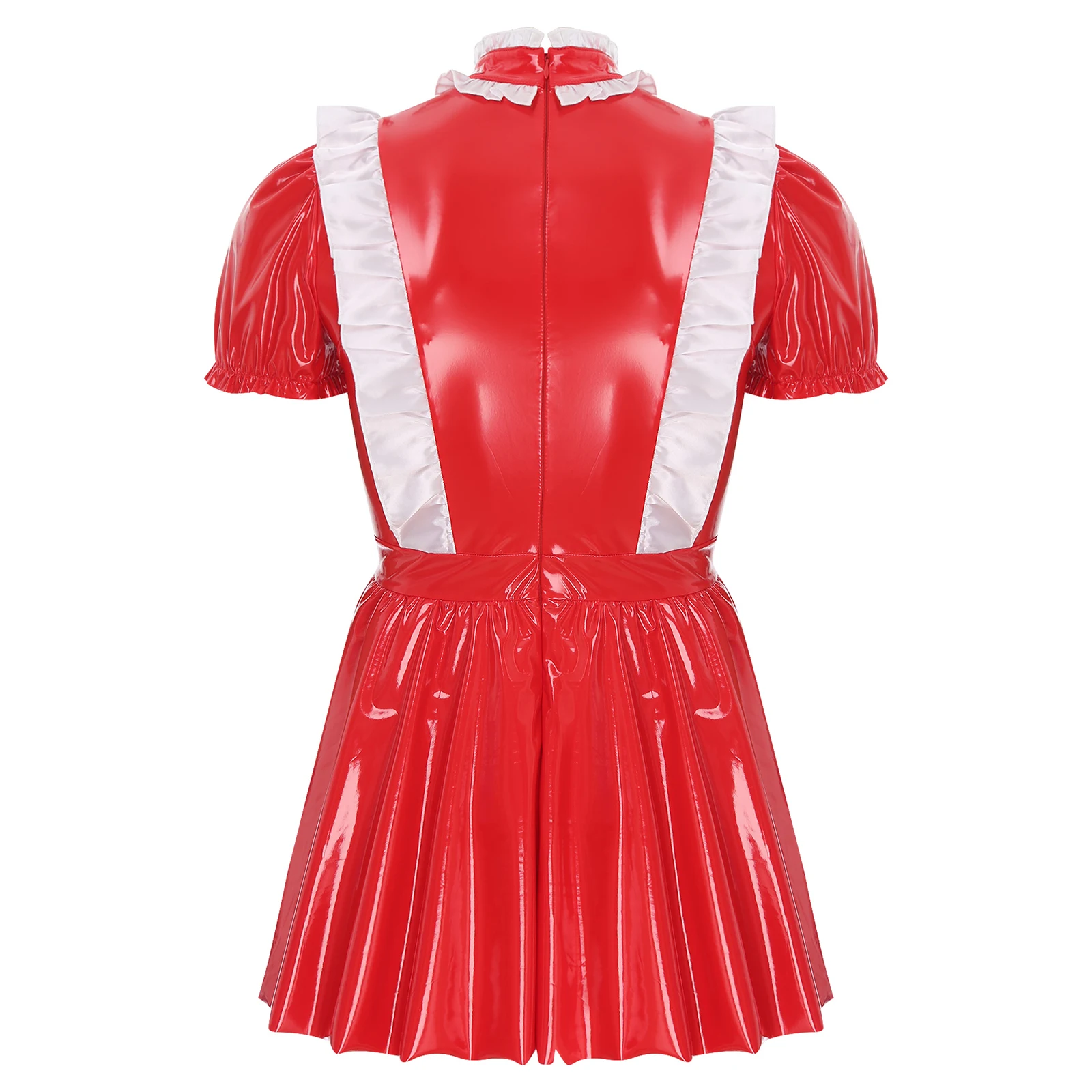 Mens Sissy Maid Uniform Dress Sexy Lingerie Halloween Naughty Maid Cosplay Costume Glossy Patent Leather Bow Apron A-Line Dress