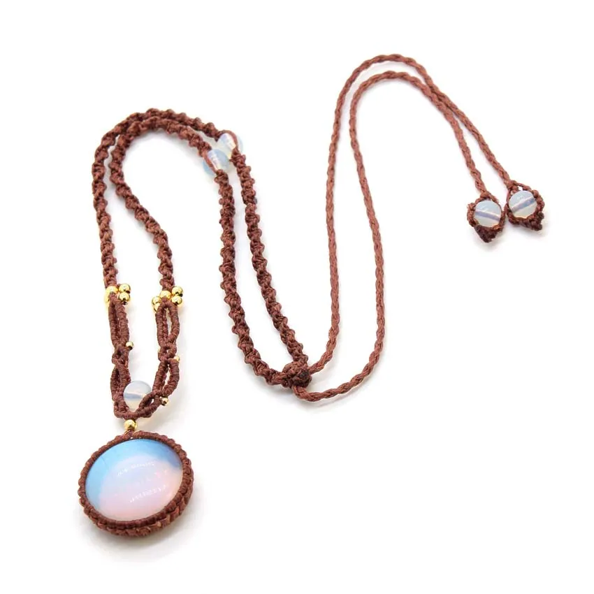 

Rope Wrapped Braided Round Opalite Opal Stone Macrame Pendant Necklace For Women Weave Collay Adjustable Chain Necklace Jewelry