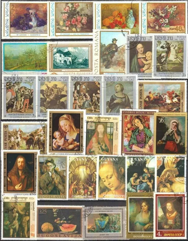 100 PCS / Lot,Topic Famous Painting, Different Famous Painting Stamps From Word,Used with Post Mark,No Repeat,High Quaility