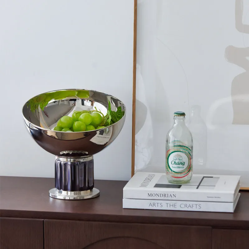 India imported aluminum metal silver tall fruit bowl fruit plate ornament modern light luxury model room living room decoration