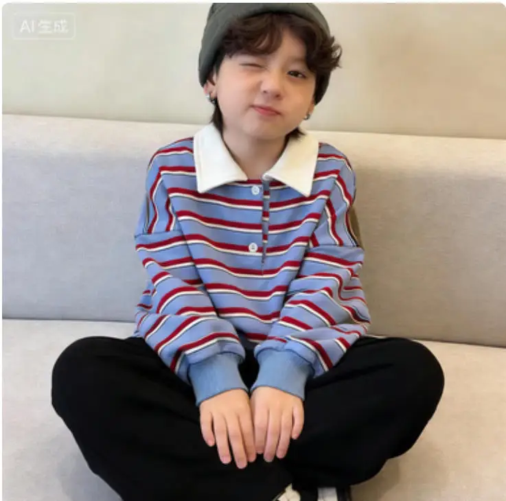 

Boys Long Sleeved T-shirt for Spring and Autumn Korean Version Loose Casual Striped Top Mid Size Childrens Autumn Outfit