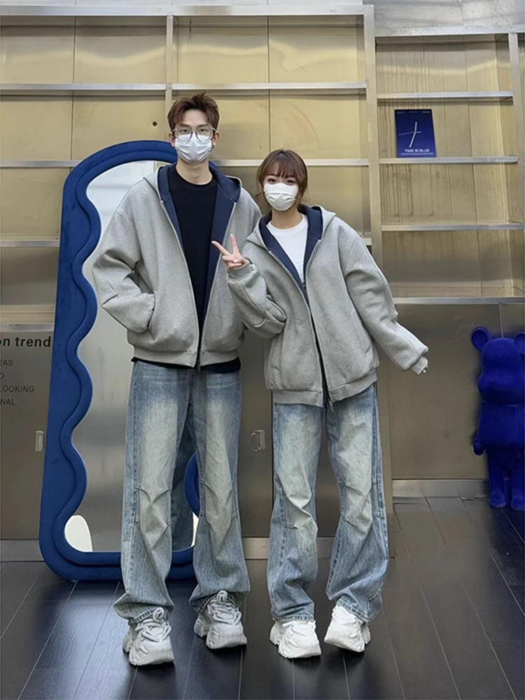 

ey Couple ort Jaet Men's Spring Autumn Heavyweight Hardwearing Hoodie Double Zipper Cleanfit Polyester Fiber Jaet