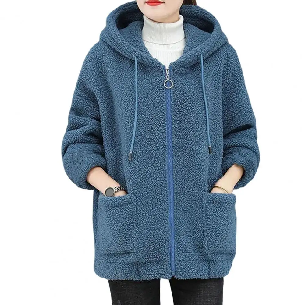 Women Coat Thick Pockets Long Sleeves Loose Warm Plush Zipper Cardigan Jacket Plush Autumn Winter Lo