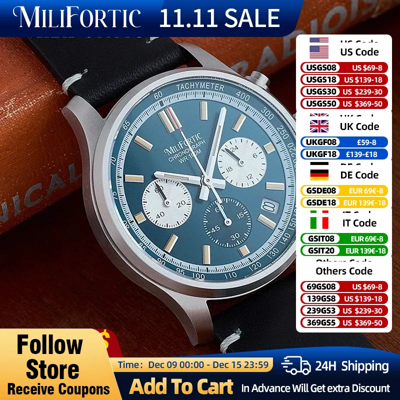 MF Affordable Micro-brands Retro  Style Chronopraph 10 Bar 24-hour Vk63 Movement Leather  Luminous Date Dress Quartz Men Watch