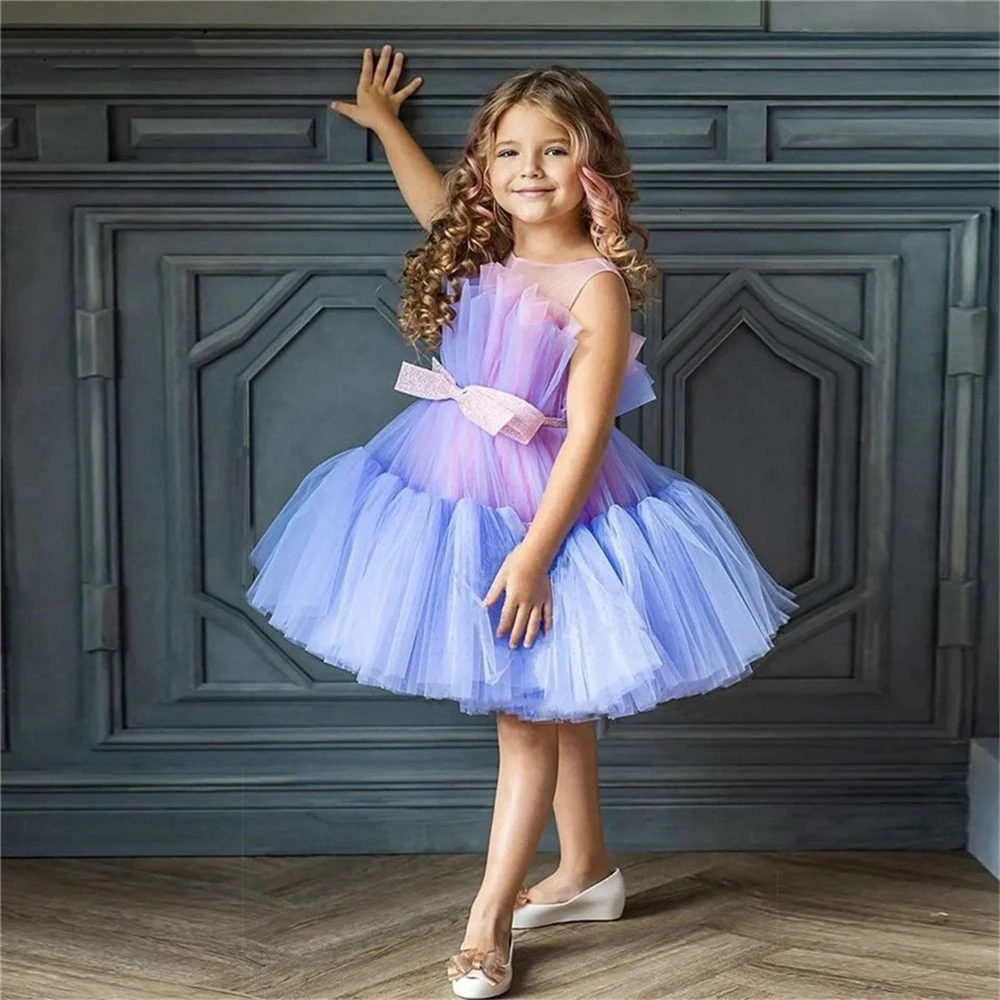 Gorgeous Sleeveless Fluffy Tulle Lace Bow Flower Girl Dress Princess Ball First Communion Dresses Kids Surprise Birthday Present