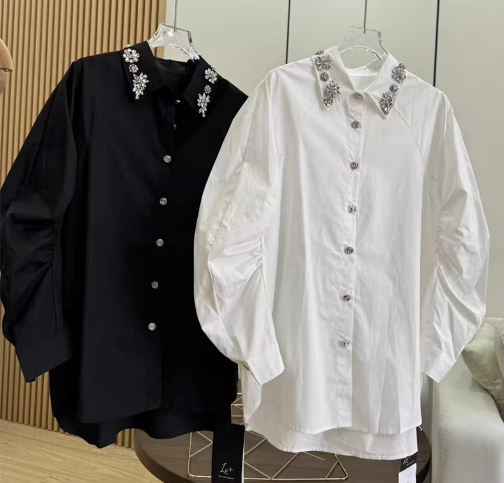 New Autumn Sparkle Diamonds Stitch Cotton Shirts and Blouses Trend 2024 Women\'s Long Sleeve White Black Oversized Tops Camisas