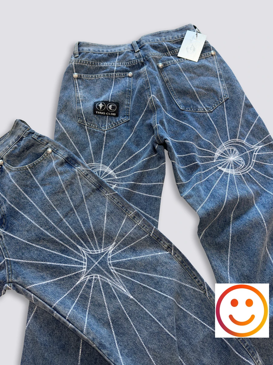 Thug Club Embroidery Spider Web Pattern Jeans Men Women High Quality Vertical Loose Fit Wide Leg Denim Pants Trousers Patch Tag